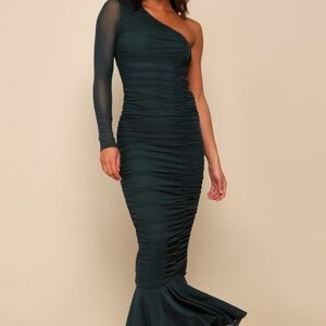 Lulus Flawless Passion Emerald Green Ruched One-shoulder Maxi Dress - Size L